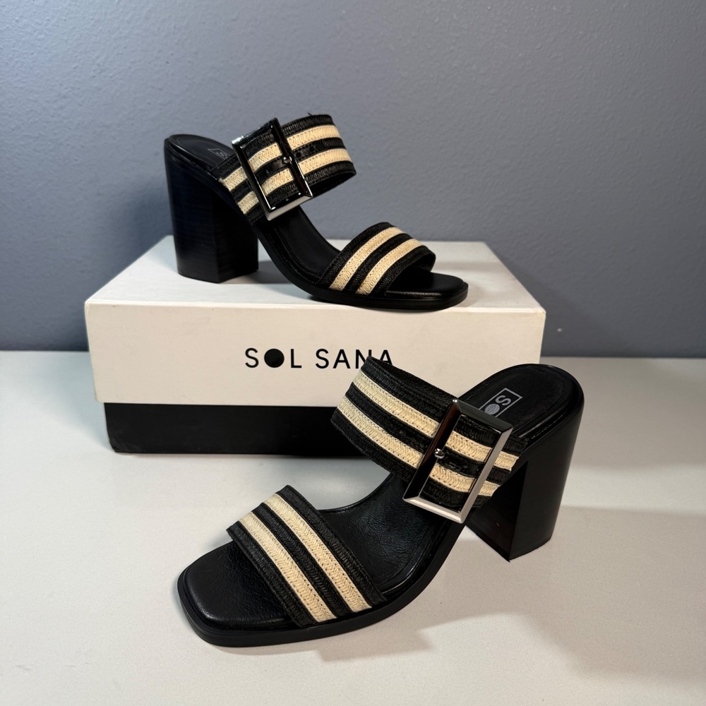 Sol Sana Silvia SS Mule Women 36 Black Stripe Jute Block Heel Buckle